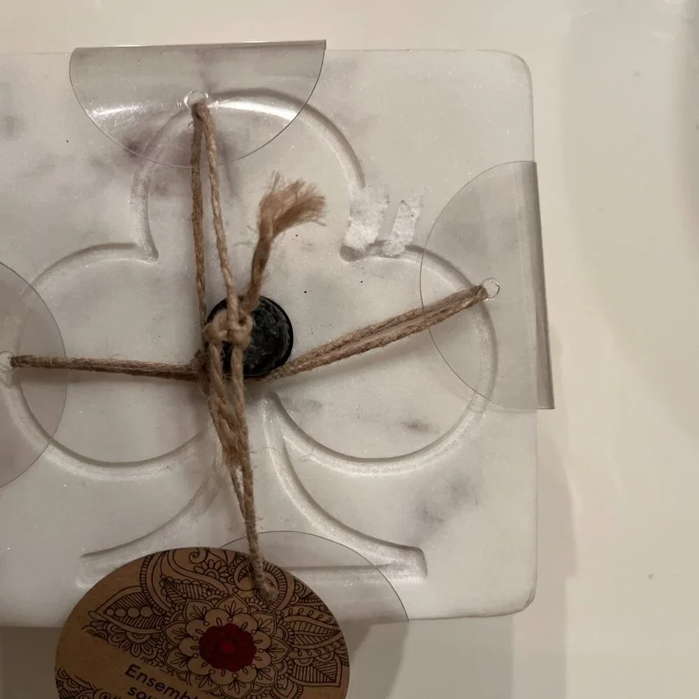 White Marble Coasters Set of 4 with Holder Gift Ready New‎